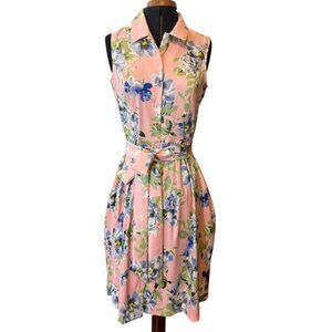 Chadwicks Womens Floral Sleeveless Shirt Dress Pink Multicolor Belted Size 8
